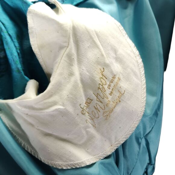 Vintage 60s Novelty Budda Print Cocktail Dress Size 2 Blue Silk Empire Waist - Picture 15 of 15